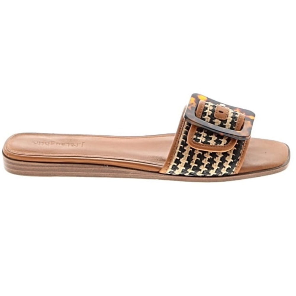 J. McLaughlin Alaia Brown Straw and Leather Sandal with a Tortoise Buckle